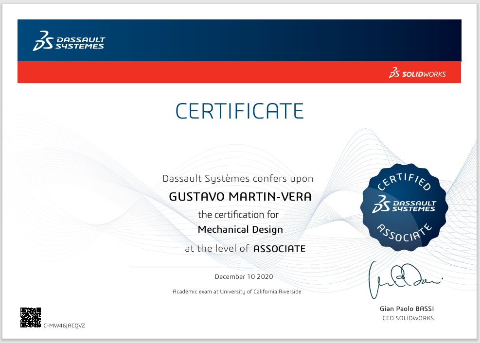 image of solidworks certificate